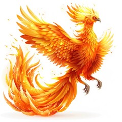 Obraz premium A majestic phoenix, adorned in fiery orange and gold feathers, takes flight, its wings ablaze with incandescent brilliance.