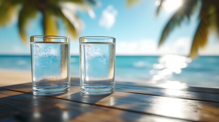 Refreshing Summer Beach Scene with Two Glasses of Water on a Sunlit Tropical Table : Generative AI