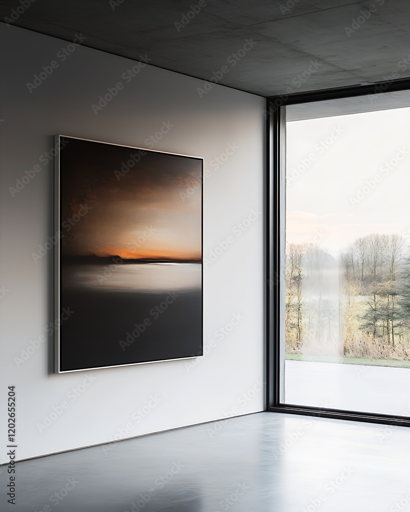 Poster Serene Landscape Art in Minimalistic Gallery Setting with Panoramic Window View : Generative AI