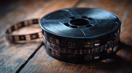 A vintage film reel sits on a wooden surface, symbolizing the art of filmmaking and nostalgia.