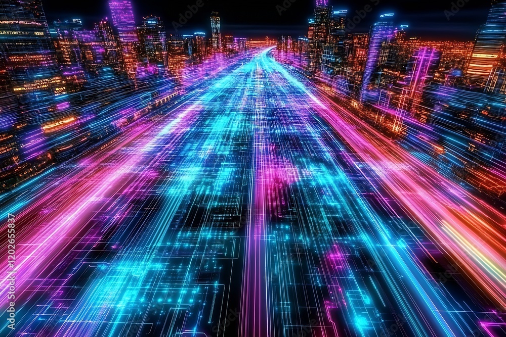 Poster digital speedway in a vibrant neon cityscape with colorful light trails : generative ai