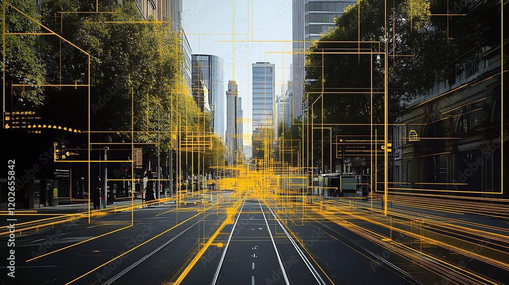 Poster futuristic urban scene with digital overlay highlighting modern city architecture : generative ai