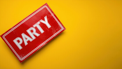 A red rectangular stamp with the word "PARTY" in bold letters is displayed on a yellow background. copy space