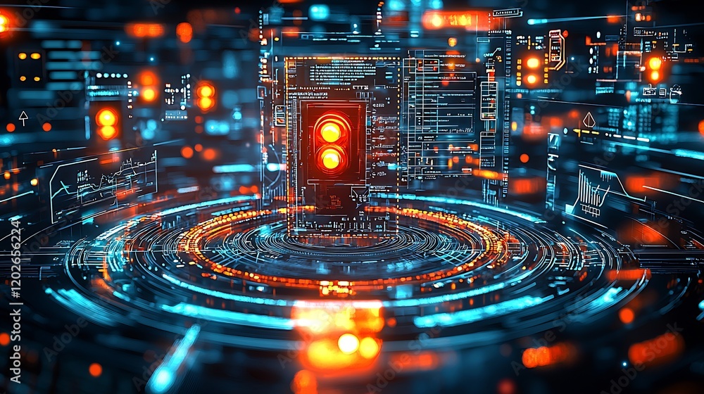 Aufkleber futuristic circuit board illustration with neon lights and digital interfaces : generative ai