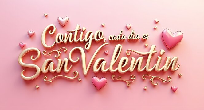 Tarjeta de amor para San Valent&iacute;n con la frase Contigo cada d&iacute;a es San Valent&iacute;n en colores rosado.Concepto d&iacute;a de los enamorados.