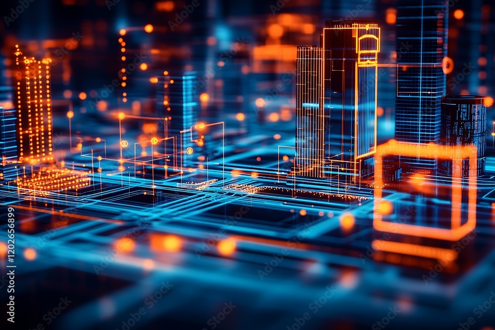 Poster Digital Urban Landscape with Glowing Neon and Circuit Pattern Design : Generative AI