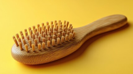 A wooden hairbrush with rounded bristles on a bright yellow background.