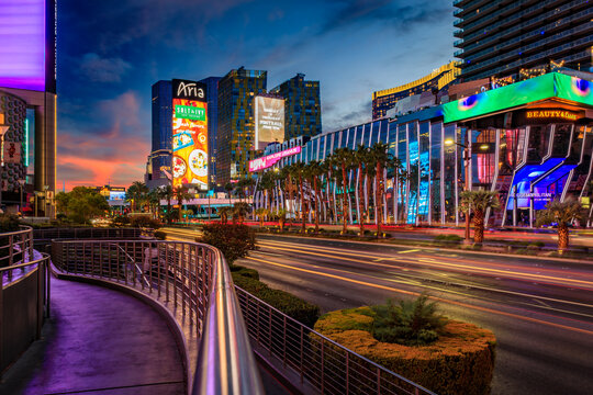 Traffic trails, neon lights on the Strip, hotels and casinos, Las Vegas, Nevada