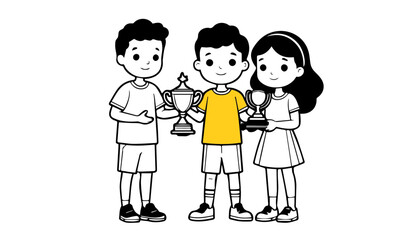 Group of children holding a trophy and a cup. Vector illustration.