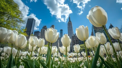 Obraz premium White Tulips Bloom Beneath New York City Skyline