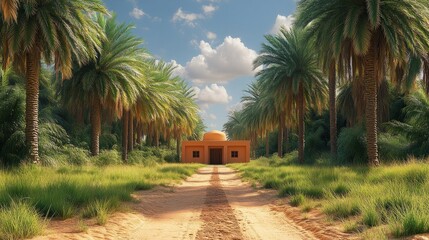 Obraz premium Oasis House Desert Path Palms Sunset