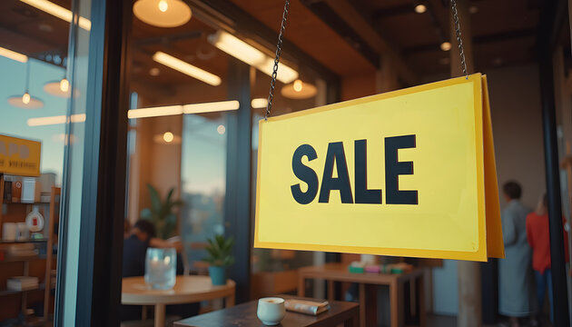 Yellow Sale Sign In Contemporary Cafe Setting