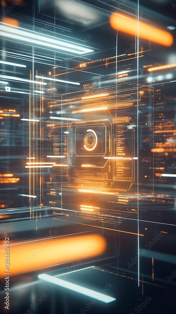 Poster Futuristic Digital Interface with Glowing Orange and Blue Lines in Cyber Concept : Generative AI