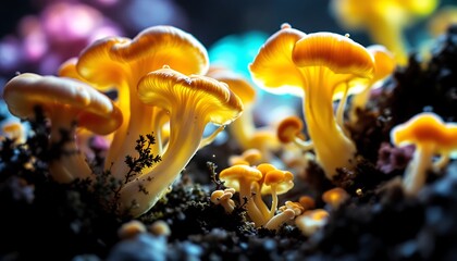 Golden Mushrooms: A Vibrant Cluster in Dark Forest