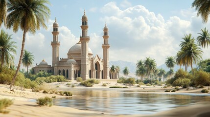 Fototapeta premium Oasis Mosque Desert Landscape Travel Poster