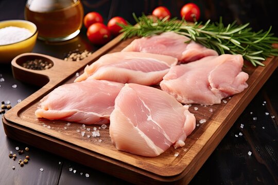 Healthy eating involves raw chicken on a wooden board