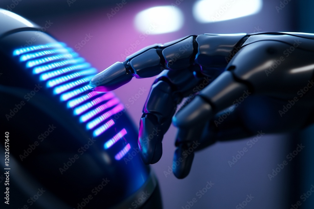 Poster robotic hand interacts with glowing interface; futuristic technology background; ai interaction conc