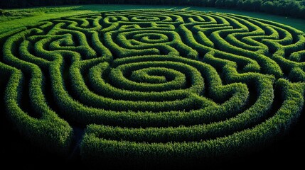 Naklejka premium Aerial view of a large green maze formed by tall plants, designed for recreational exploration.