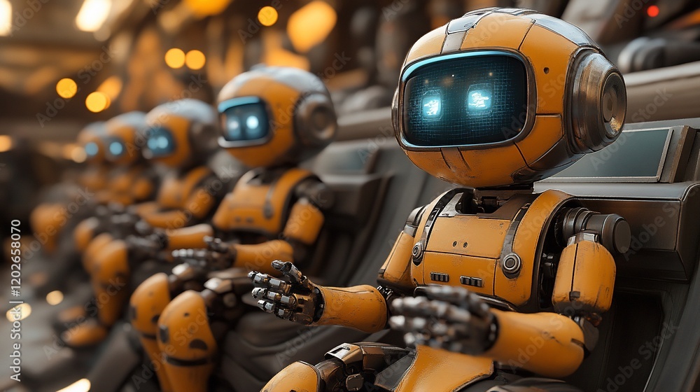 Poster robots seated in spaceship, future tech