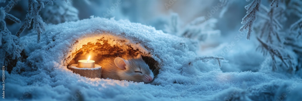 Poster cozy mouse resting in a snowy burrow with a glowing candle during winter nights. generative ai