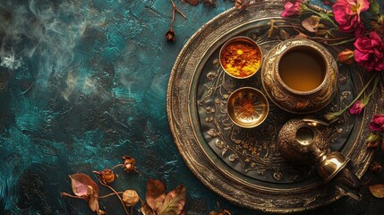 Traditional tea set with aromatic spices and vibrant decor