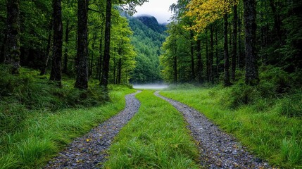 Obraz premium Misty forest path leads to calm lake; serene nature scene, ideal for travel brochures