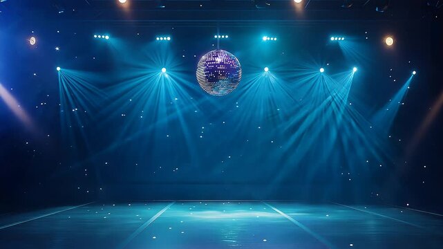 A vibrant dancefloor illuminated by a sparkling disco ball and blue spotlights, creating a lively party atmosphere, 4k video footage	
