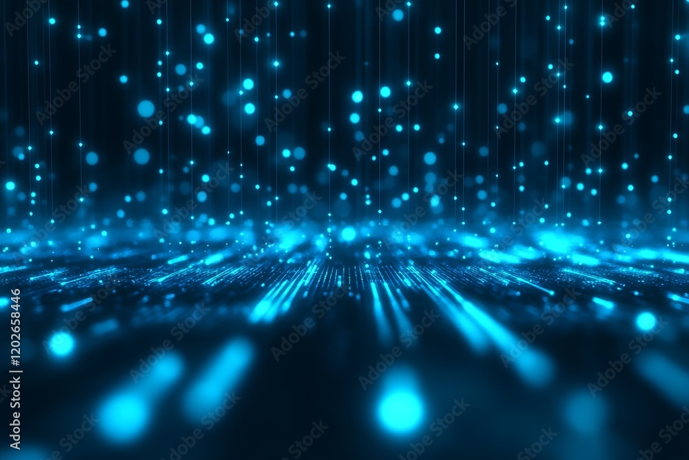 Aufkleber Bright Blue Neon Digital Matrix with Dynamic Light Trails and Dots Creating a Tech-Savvy Background : Generative AI