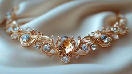 An elegant gold necklace adorned with sparkling gemstones on a soft fabric background.