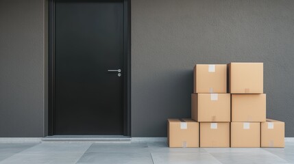 A stack of brown cardboard boxes is positioned beside a sleek, dark door on a minimalist stone floor, suggesting a delivery or moving scenario.