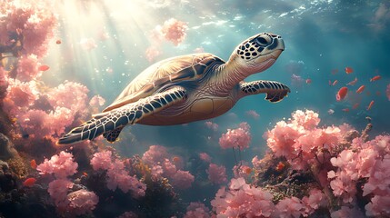 Fototapeta premium Sea turtle swimming coral reef sunbeams ocean wildlife