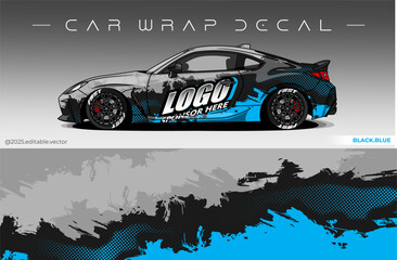 Car Wrap Design. Livery decal car vector with black blue colour. Sticker full body car suitable for racing, rally and daily use