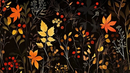   A painting of leaves, berries, and red berries against a black background