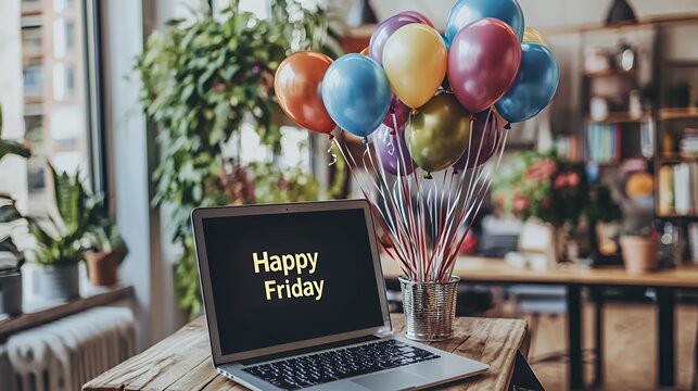 Happy Friday Celebration at the Workplace with Balloons and Laptop
