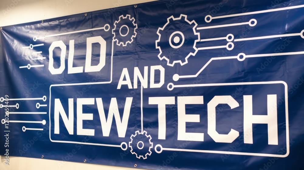 Poster blue banner showing old and new tech with cogs and circuits