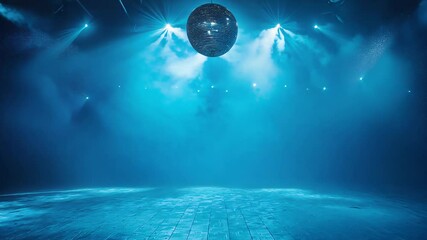 A vibrant dancefloor illuminated by a sparkling disco ball and blue spotlights, creating a lively party atmosphere, 4k video footage	
