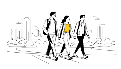 People walking in the city. Hand drawn vector illustration in sketch style.