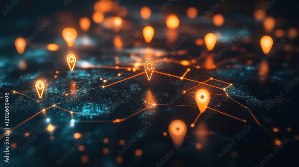Poster Abstract glowing map with location markers illustrating network connections and data flow.