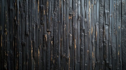 Fototapeta premium Dark, charred wood plank wall texture. Ideal background for rustic, moody designs, adds depth and texture.