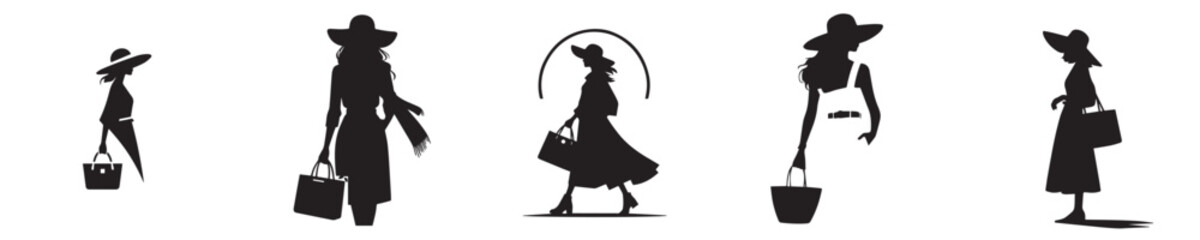Fototapeta premium vector collection of silhouetted female models carrying bags and wearing hats