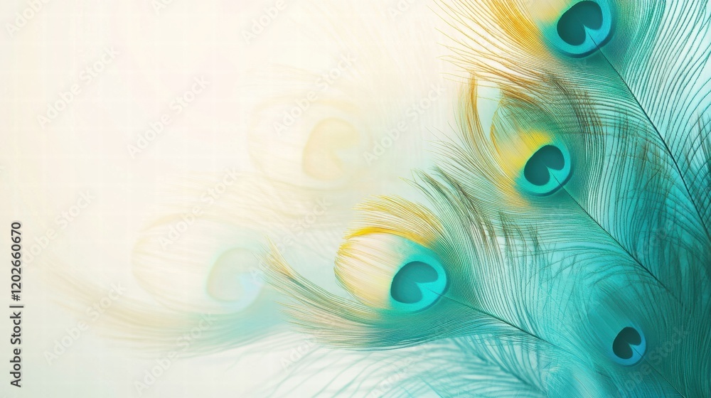 Leinwandbilder Colorful peacock feathers display intricate patterns and shine with vibrant hues in a light background. Generative AI