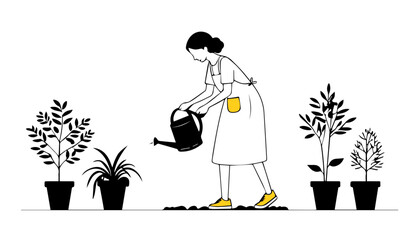Woman watering plants in pots. Gardening, planting concept. Flat vector illustration.