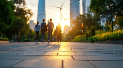 A group of people walks along a sunlit path in a city park, with skyscrapers and wind turbines visible in the background.
