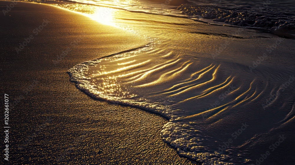 Aufkleber sunset illuminating wave patterns on a sandy beach.