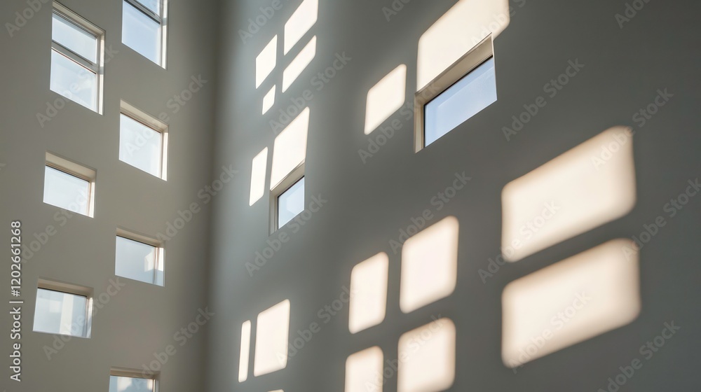 Poster Sunlight streams through numerous rectangular windows in a minimalist white building, casting geometric shadows on the wall.