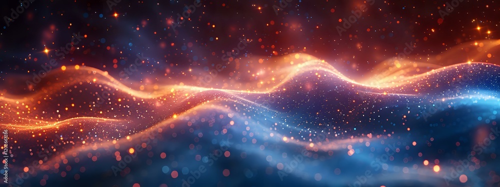 Poster abstract cosmic waves with glowing orange and blue particles creating dynamic flow pattern perfect f