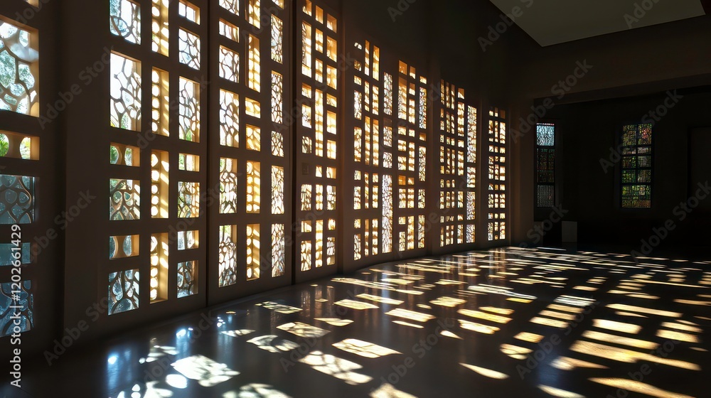 Poster sunlit hallway with patterned glass windows casting shadows on floor.