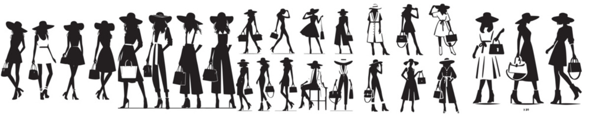 Obraz premium vector collection of silhouetted female models carrying bags and wearing hats