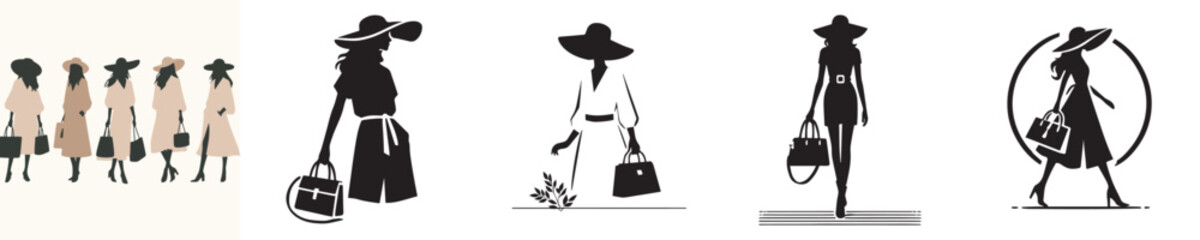vector collection of silhouetted female models carrying bags and wearing hats