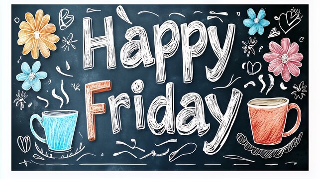 Happy Friday Chalkboard Design with Coffee Cups and Flowers